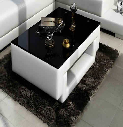 White Leather Upholstery Glass Top Coffee Table / Lixra