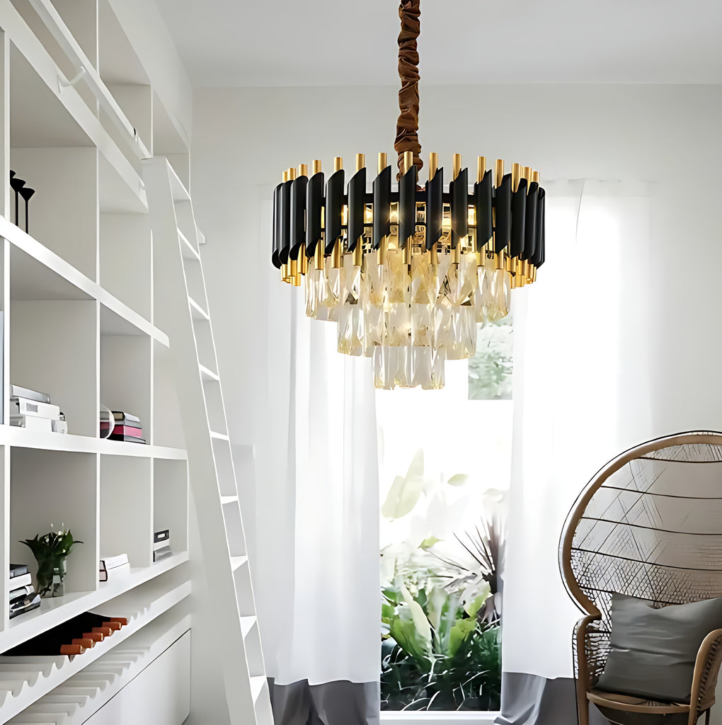 Modern Black and Gold Crystal Drum Chandelier with LED Lighting / Lixra