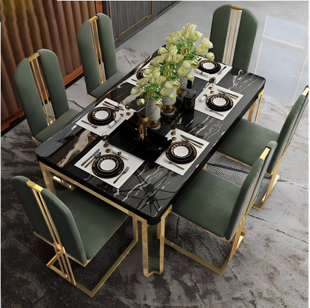 Metallic Finish Marble-Top Dining Table Set / Lixra
