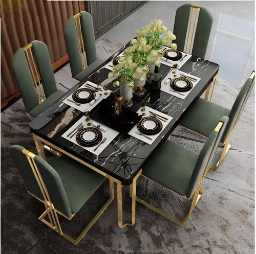 Metallic Finish Marble-Top Dining Table Set / Lixra