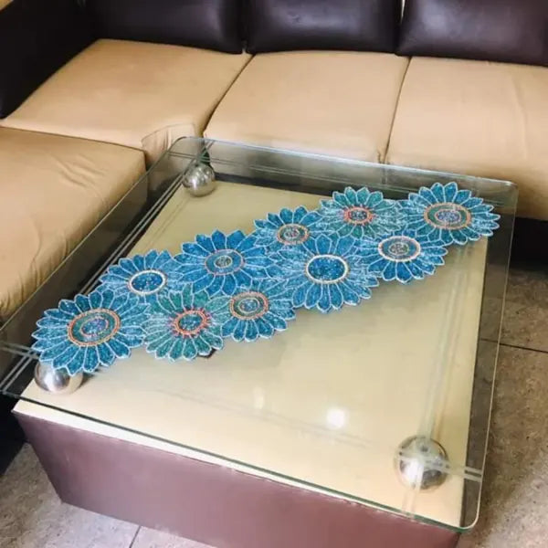 Blue Floral Designed Glitz Decorative Table Runner / Lixra