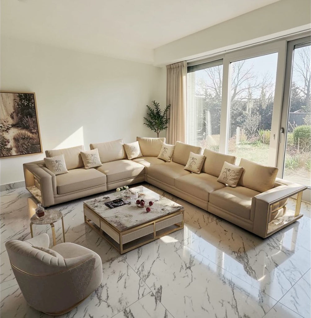 Modern L-Shaped Marble Detailed Leather Upholstery  Sofa / Lixra