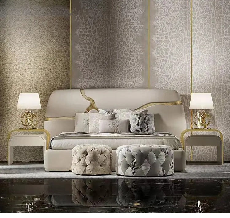 Golden Grace Luxurious Rectangular Bed with 3D-Printed / Lixra