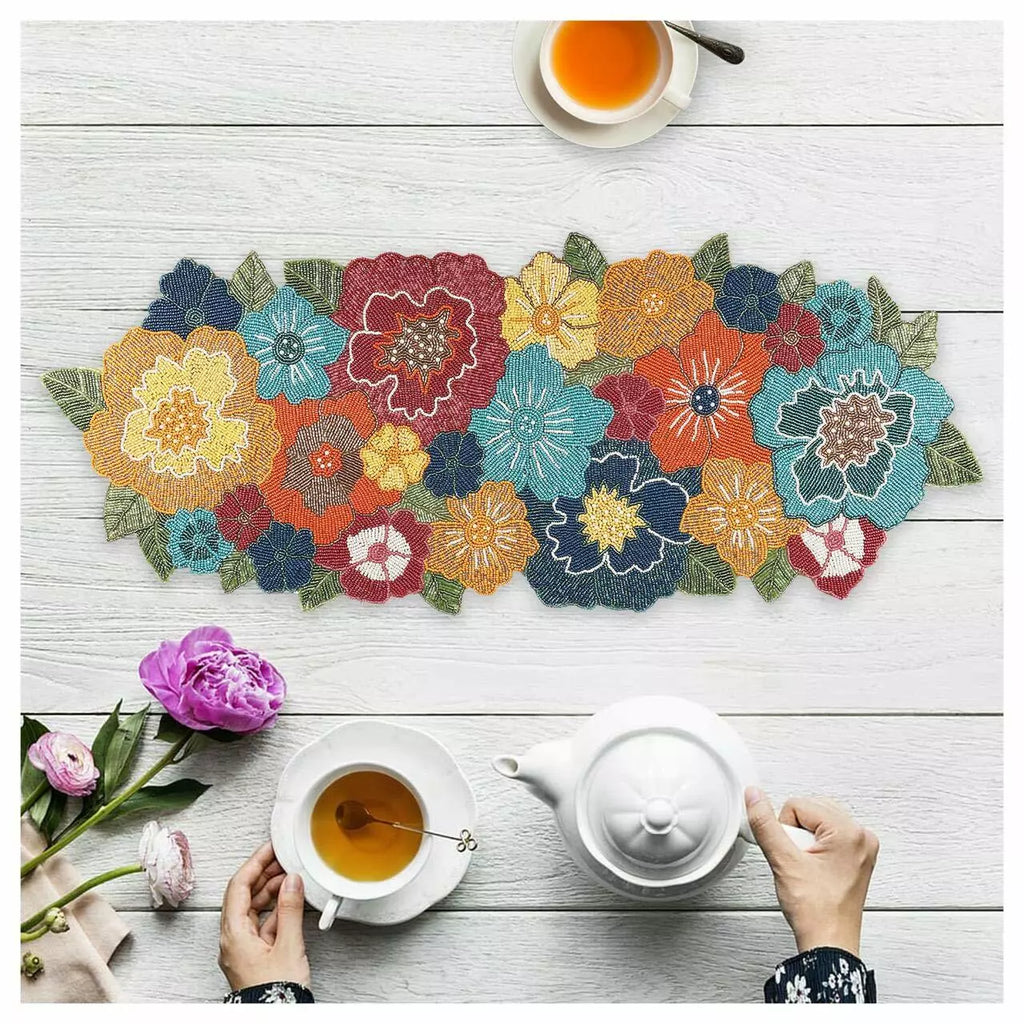 Vibrant Multicolor Floral Beaded Table Runner