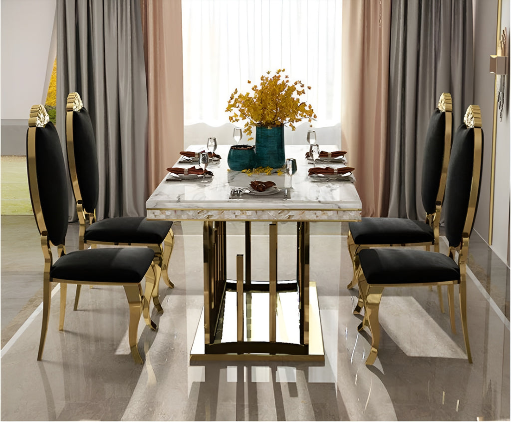 Metallic Polished Marble Dining Table Set / Lixra