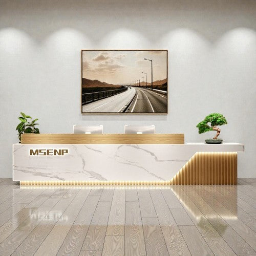 Marble Textured Rectangular Wooden Reception Desk / Lixra