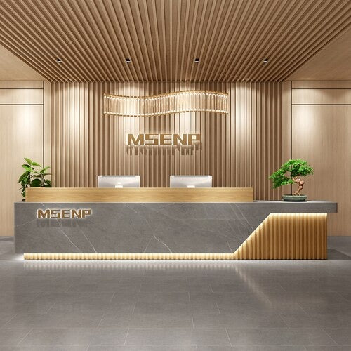 Marble Textured Rectangular Wooden Reception Desk With Lights / Lixra