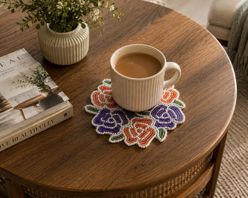 Multicolor Floral Rose Beaded Coaster Set Of 2 / Lixra