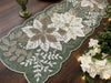 Embroidered Green Beaded Table Runner with Botanical Floral Design / Lixra