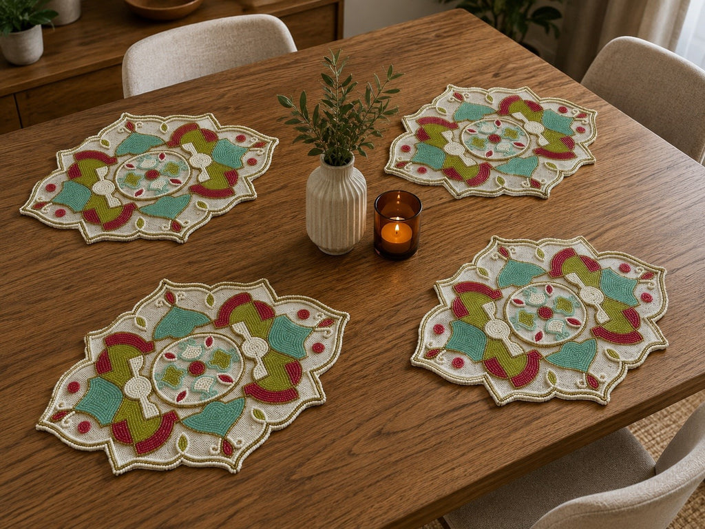 Multicolor Geometric Beaded Round Placemat Set of 2 / Lixra