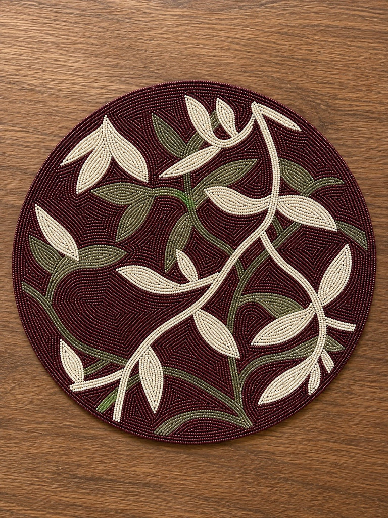 Burgundy Floral Beaded Round Placemat Set of 2 / Lixra
