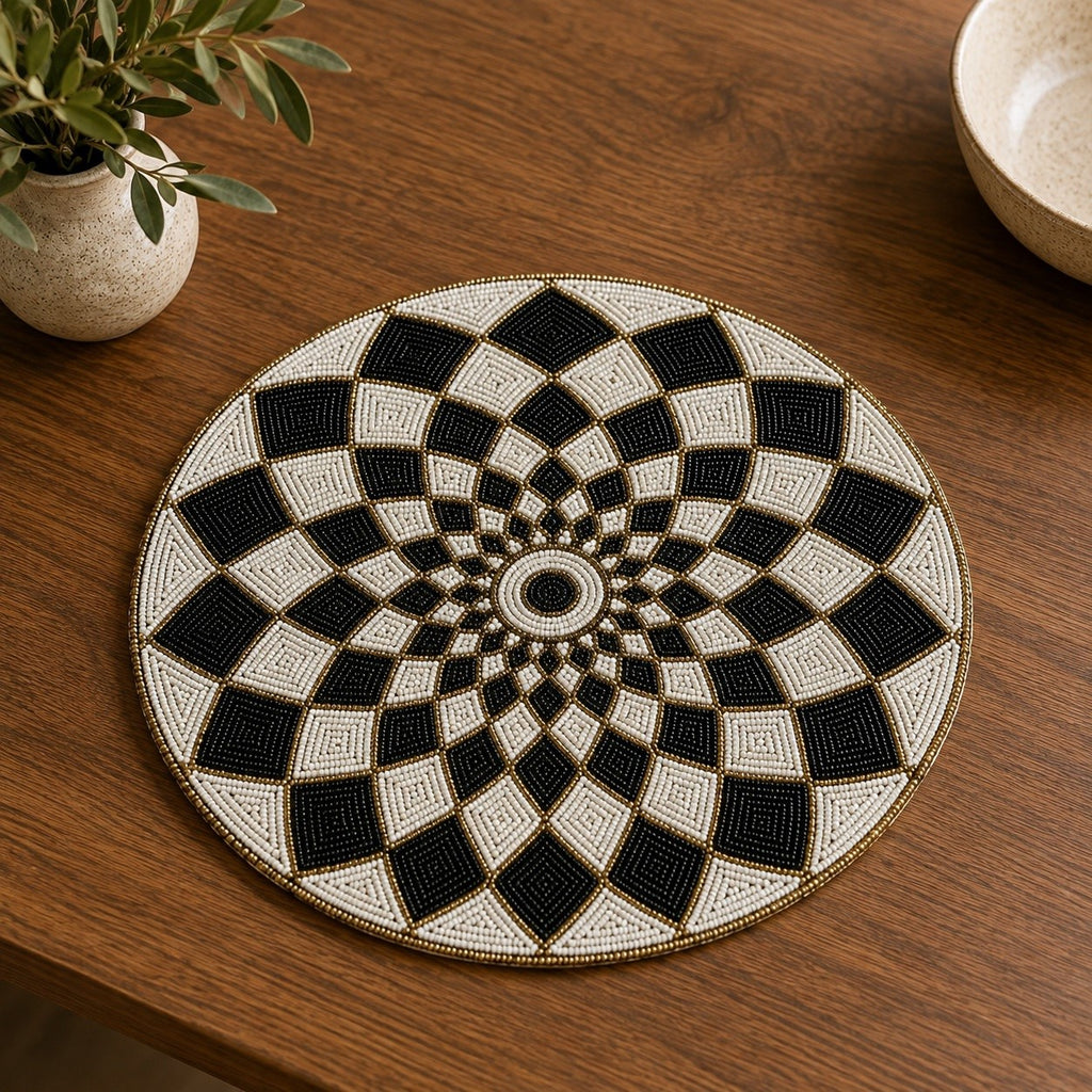 Black & Ivory Geometric Beaded Placemat Set of 2 / Lixra