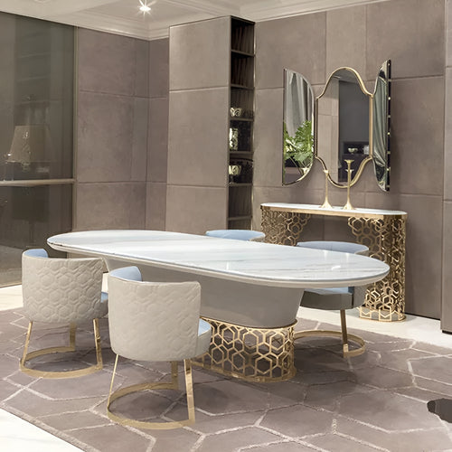 Striking Oval Marble-Top Dining Table Set / Lixra
