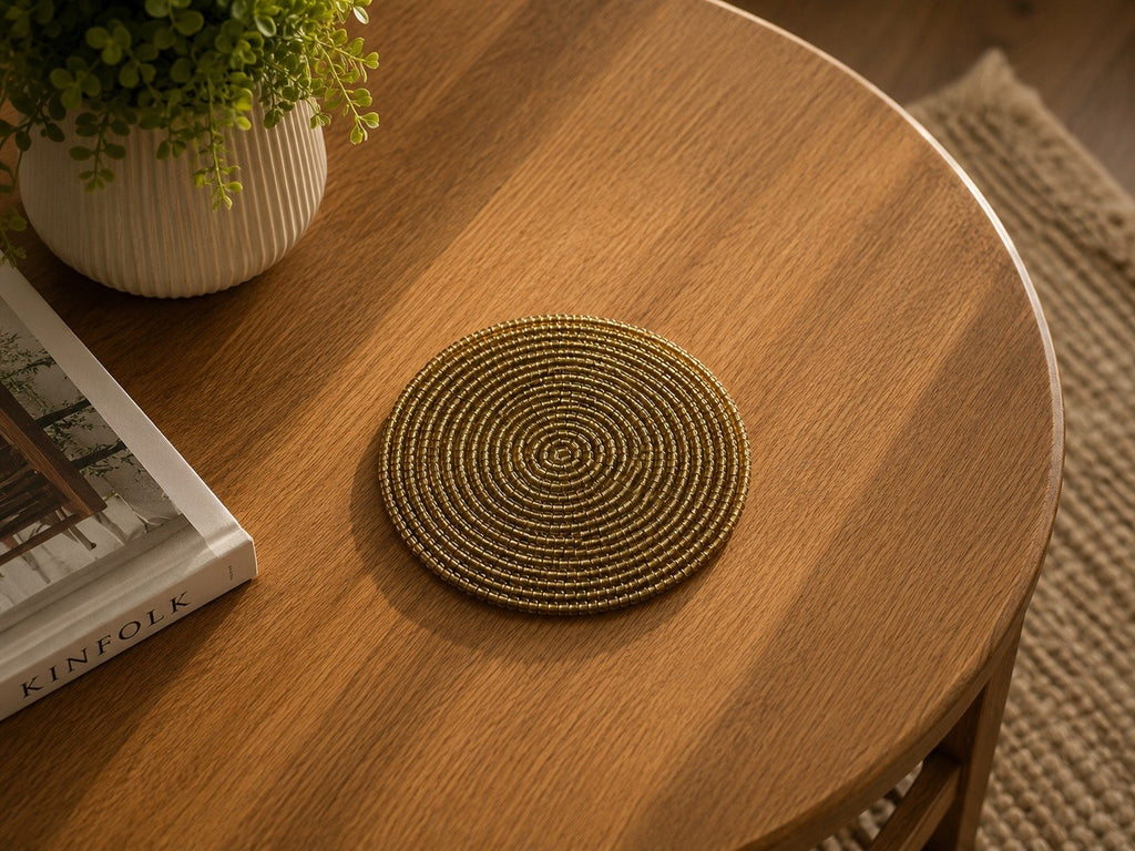 Golden Round Beaded Coaster Set Of 2 / Lixra