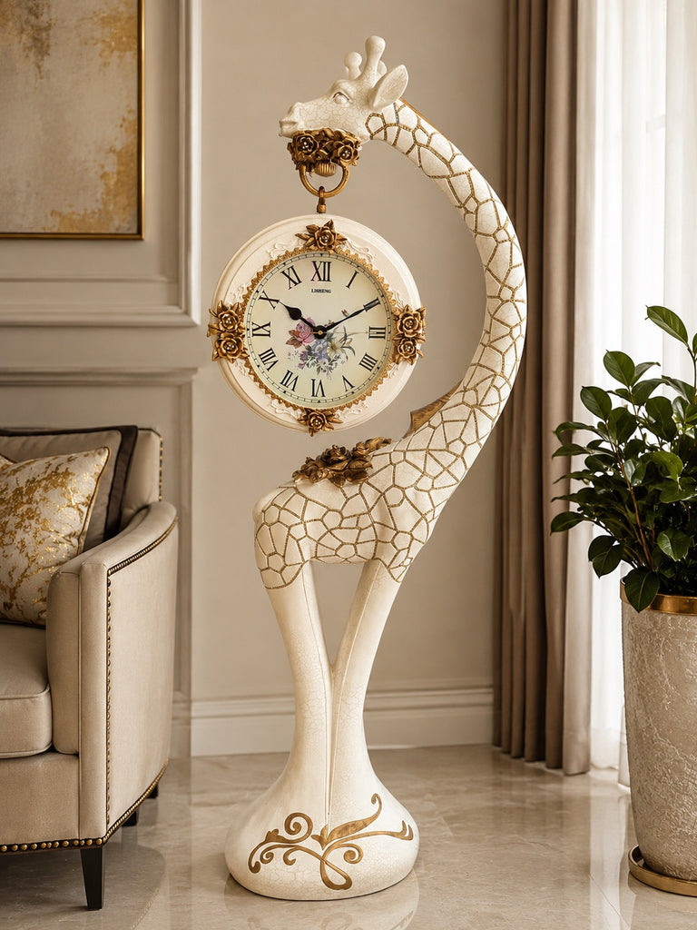 Elegant White Giraffe Floor Clock with Gold Accents / Lixra