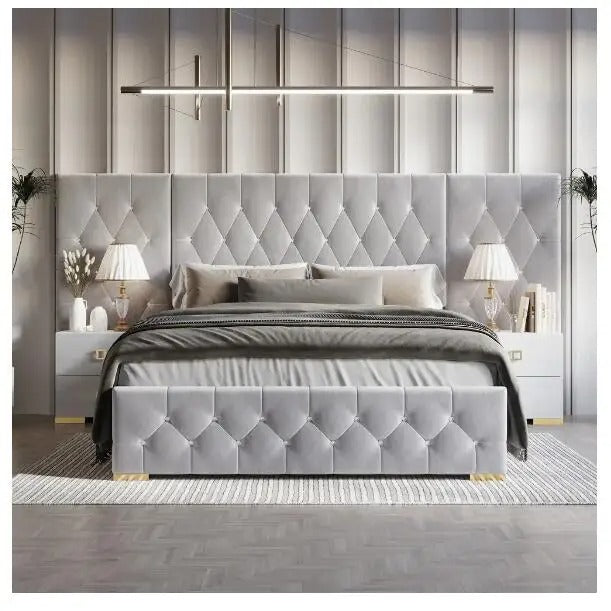 King Size Diamond Tufted Modern Soft Velvet Bed / Lixra