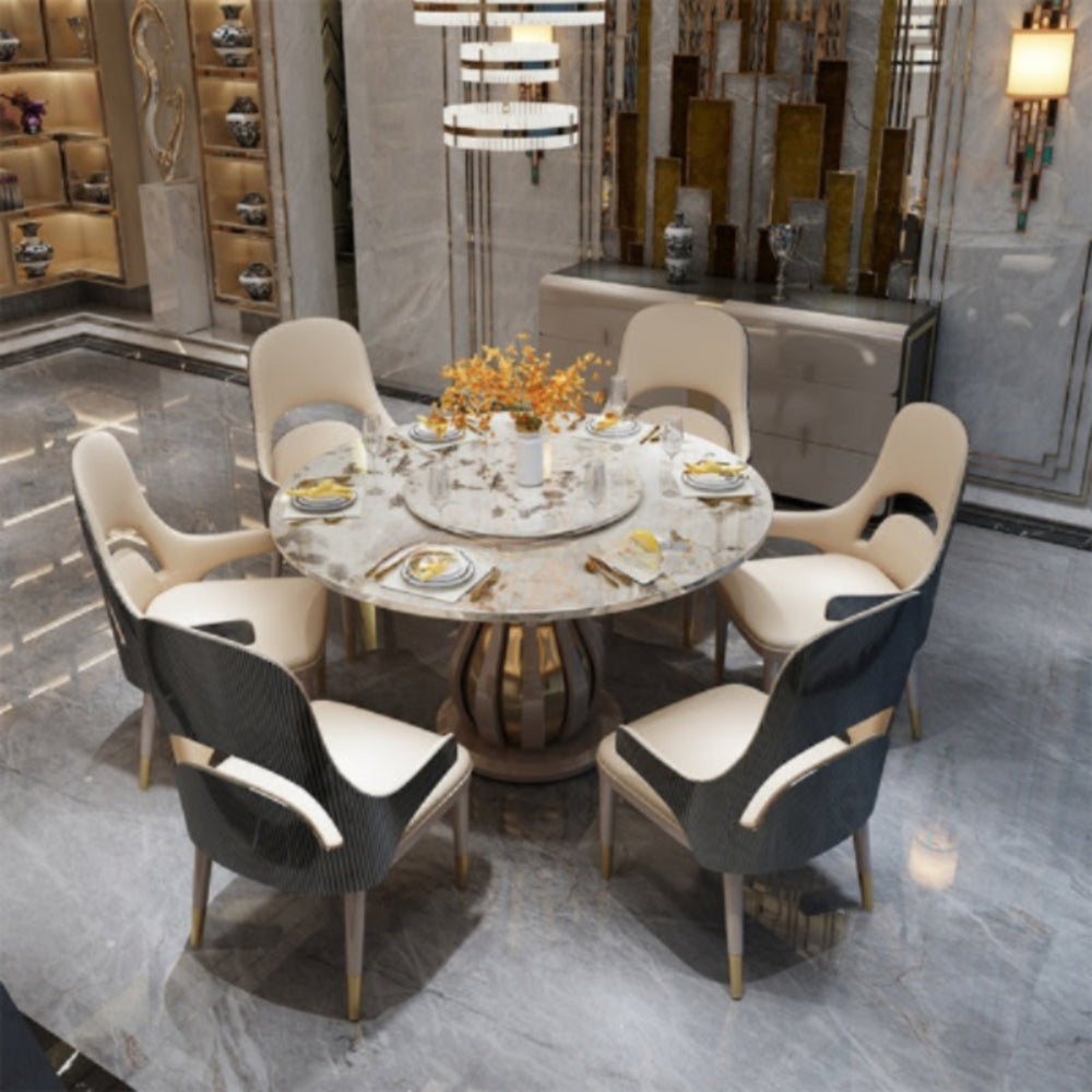 Round Marble Dining Table Set with Lazy Susan / Lixra