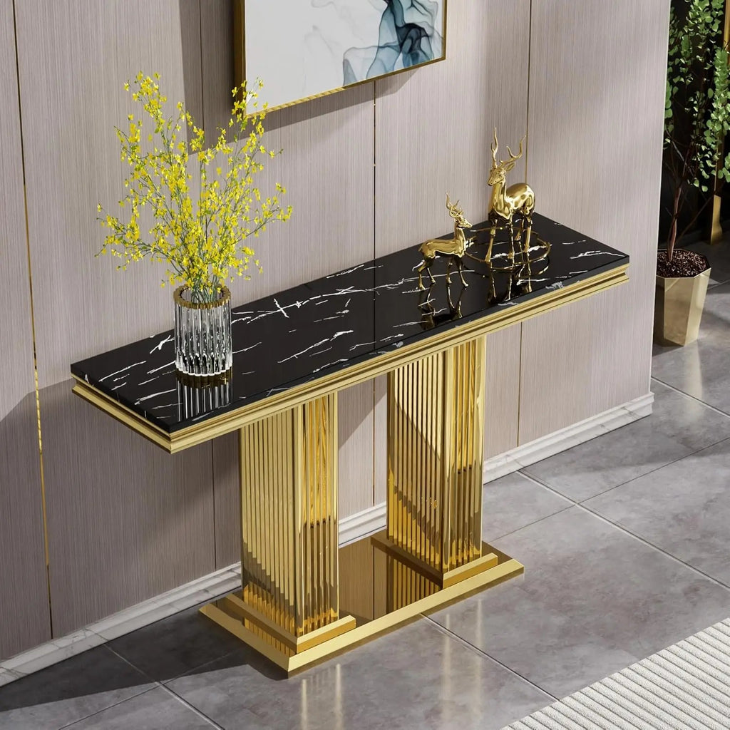 46.85" Rectangular Marble Top Double Pedestal Accent Table / Lixra
