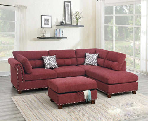 Cherry Red Luxury Button-Tufted Sectional Sofa With Ottoman / Lixra