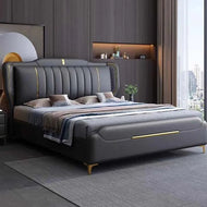 Elegant Leather Upholstered Bed with Golden Accents / Lixra