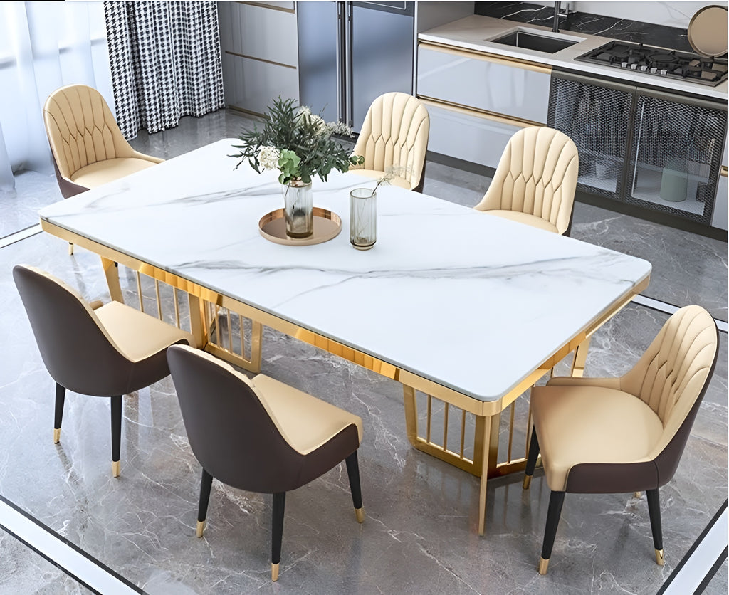 Glossy Finish Rectangular Marble Dining Table-Set / Lixra
