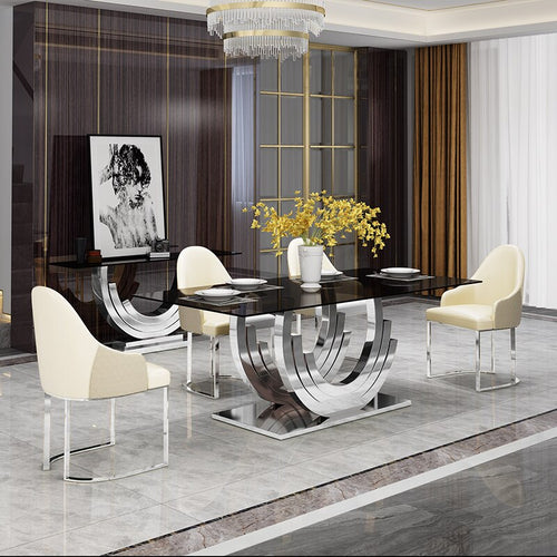 Decorative C-Formed Metallic Dining Table with Shiny Glass Top / Lixra