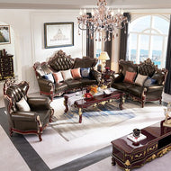 Wooden Liville Tufted European Leather Sofa Set / Lixra