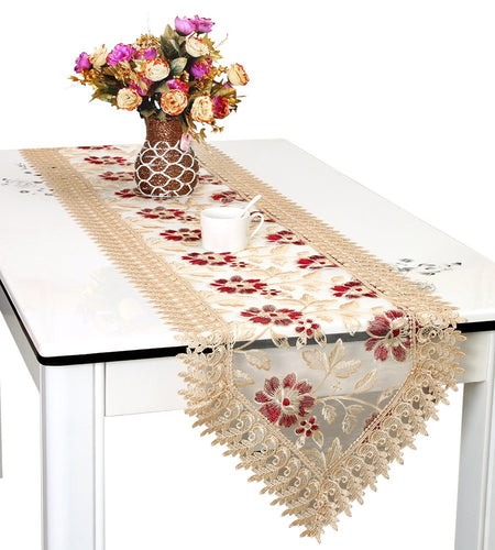 Translucent Fabric Embroidered Burgundy Flowers Table Runner - Lixra