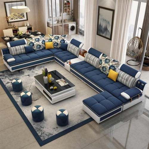 Modern Lavish U-shaped Blue Fabric Sectional Sofa - Lixra