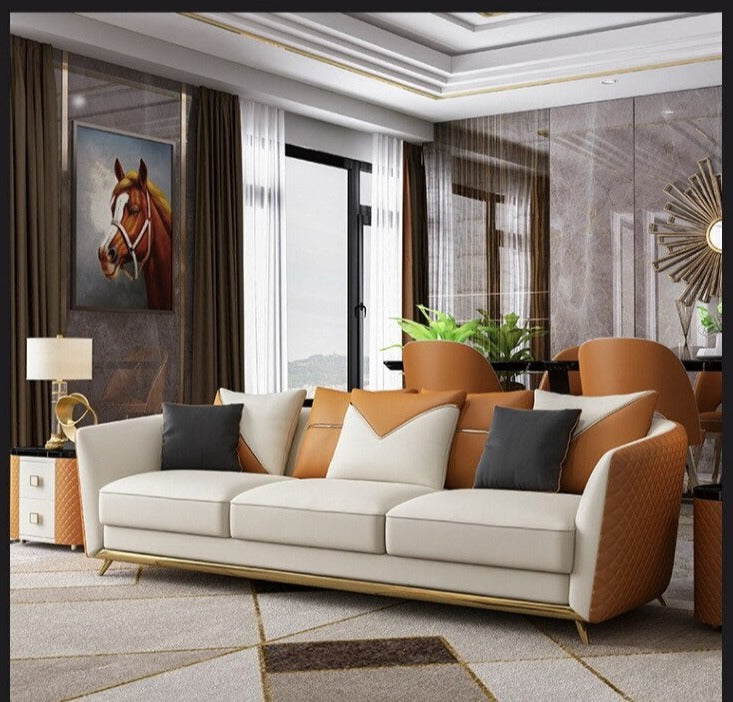 Modern Designed Curvy-Back Support Sumptuous Leather Sofa Set –