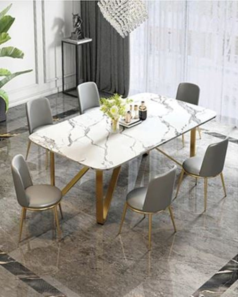 Metallic Finish Light Luxury Marble Top Dining Table Set - Lixra