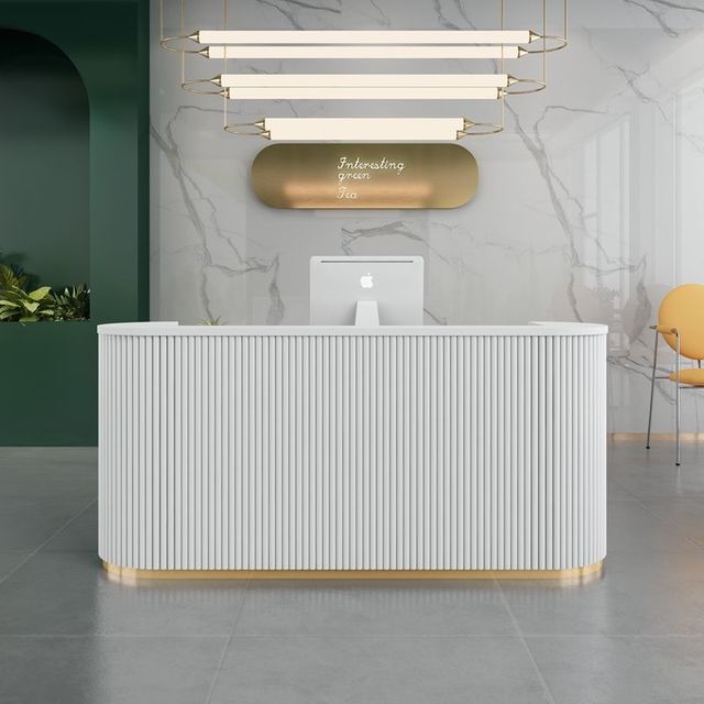 Multicolor Curved Wooden Reception Desk With Metal Base / Lixra