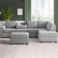 Modern L-Shaped Convertible Fabric Sectional Sofa With Ottoman And Two Cup Holders - Lixra