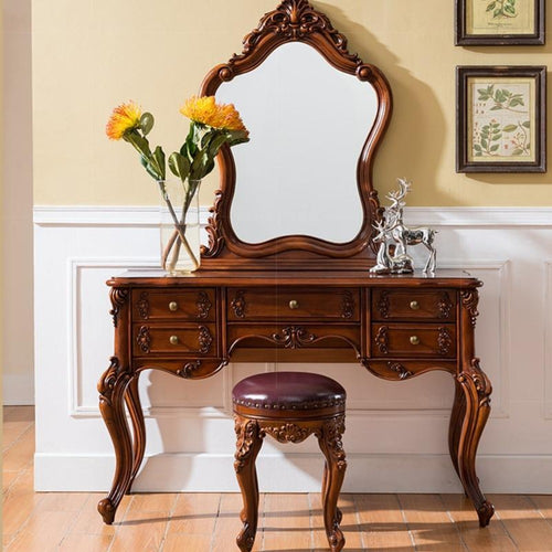 Solid Wood Dressing Table And Table Combination Set With Carved Top For Small Apartment In European Style-Lixra