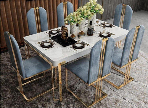 Creative Stylish Metallic Finish Marble Top Dining Table Set - Lixra