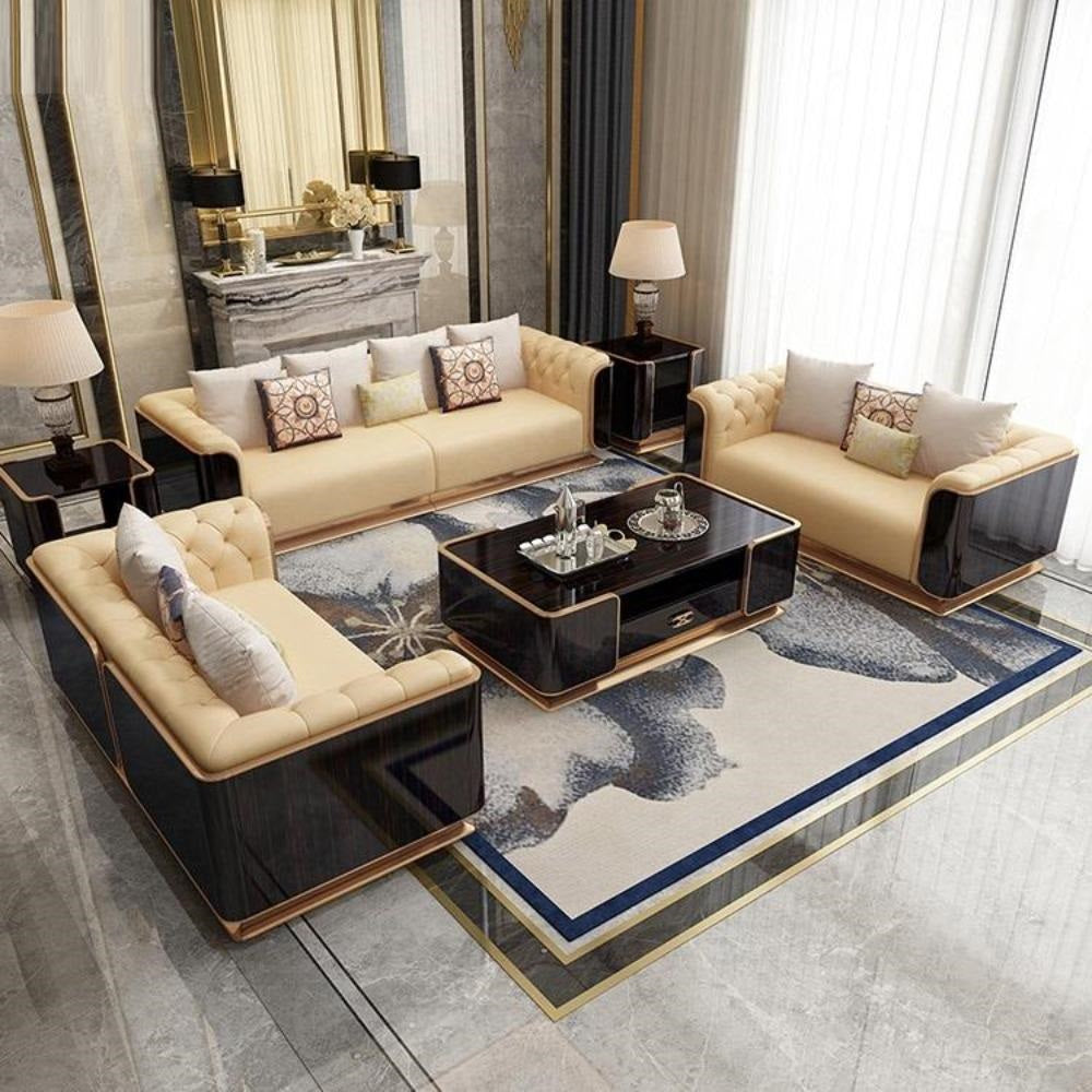 Elegant Style Tufted Designed Wooden Polished Leather Sofa Set Lixra Com