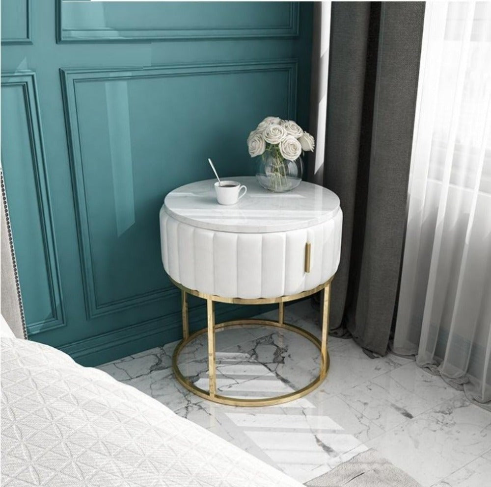 Modern Round Marble Finish top Nightstand With Steel Frame Base - Lixra