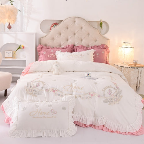 Luxurious White Pink Cotton Princess Bedding Set/Lixra