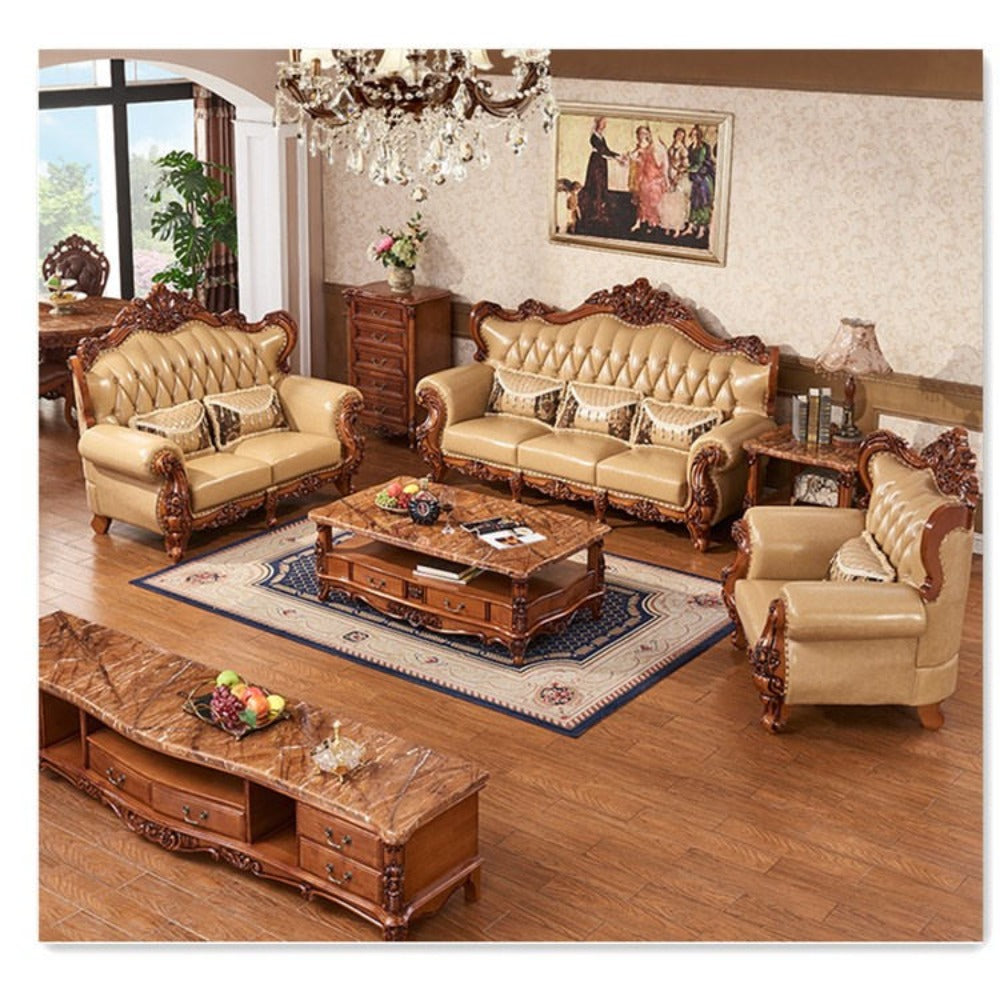 Royal Retro And Classic Wooden Leather Sofa Set - Lixra