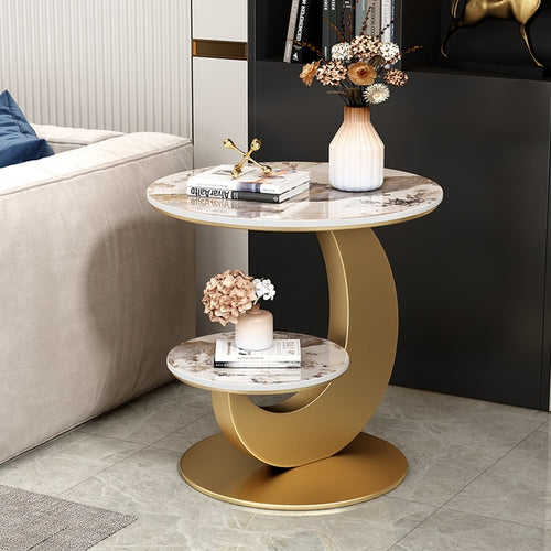 Set Of 2 Double Layered Metallic Frame Marble Top Side Table / Lixra
