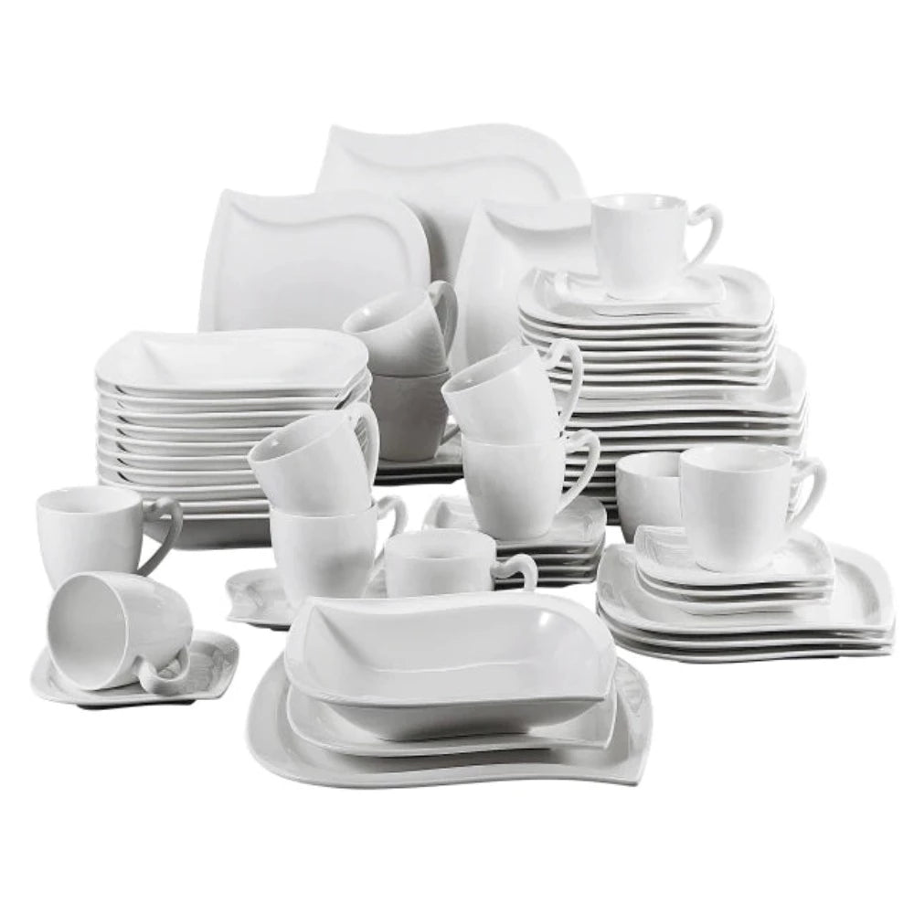 MALACASA 30/60 Piece White Porcelain Dinner Set with Cups Saucers