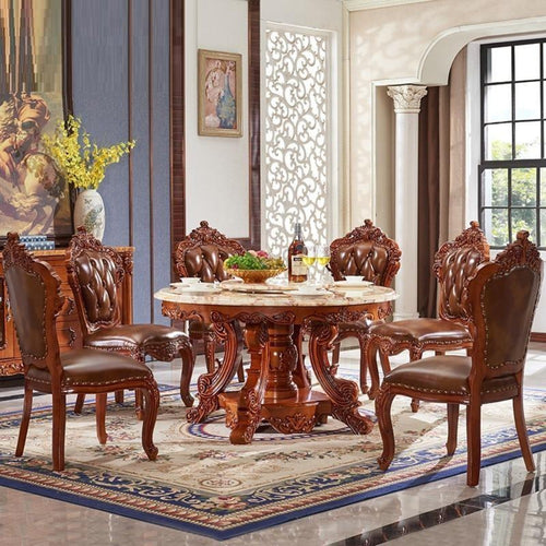 Antique Style Wooden Finish Marble Top Dining Table Set - Lixra