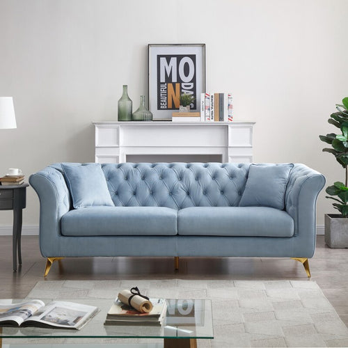 Luxurious Three Seater Blue Velvet Tufted Sofa