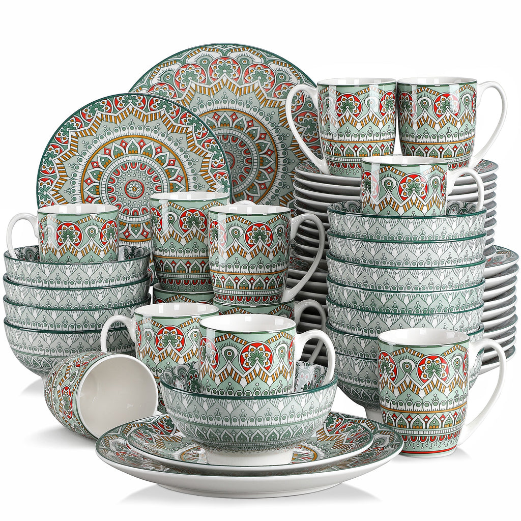 Dinnerware Set Adorned With A Mandala Pattern In Green Porcelain