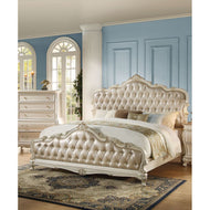 European Vintage Style Pearl White Soft Leather Tufted Bed-Lixra