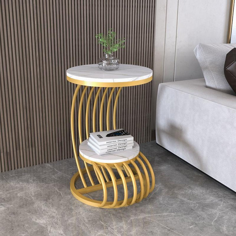 Golden Finish Marble Top Side Table / Lixra