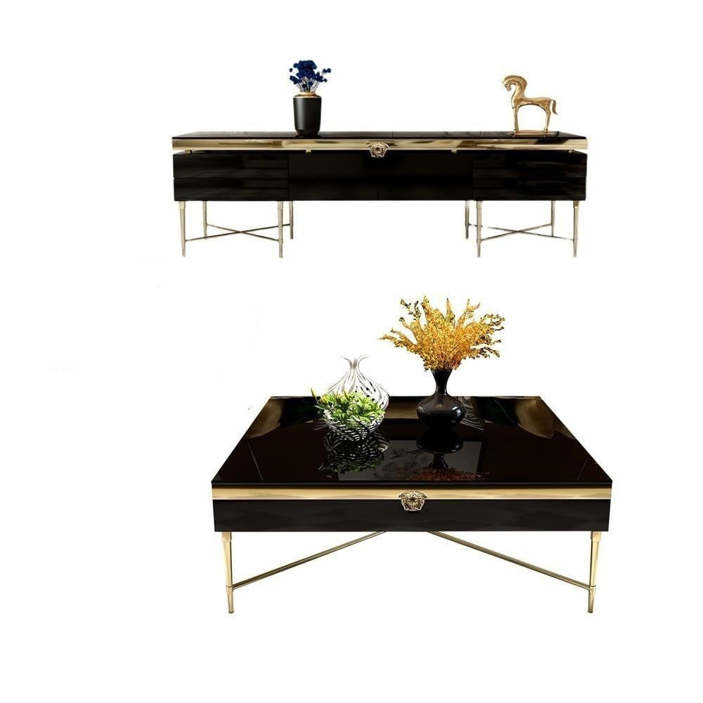 Glossy Finish Steel Framed Wooden Coffee Table and TV Stand - Lixra