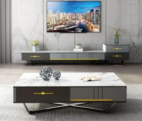 Home Interior Style Wooden Polished Marble Top Coffee Table TV Stand - Lixra