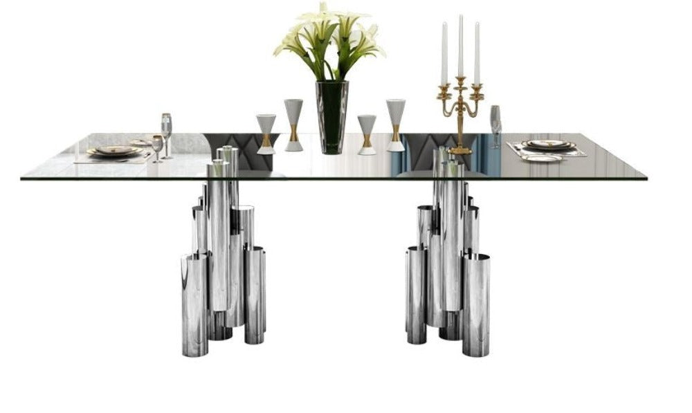 Round Pillar Metallic Base Modern Designed Glass Top Dining Table - Lixra