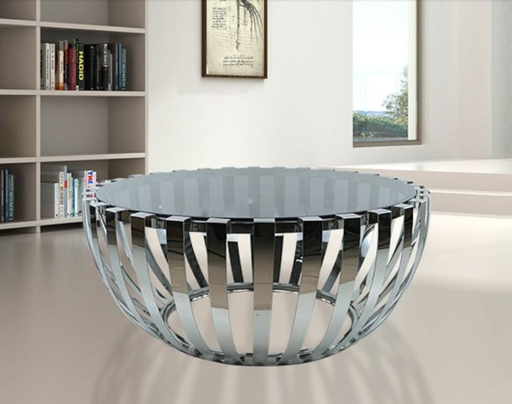 Bowl Style Stainless Steel Finish Glass Top Coffee Table - Lixra